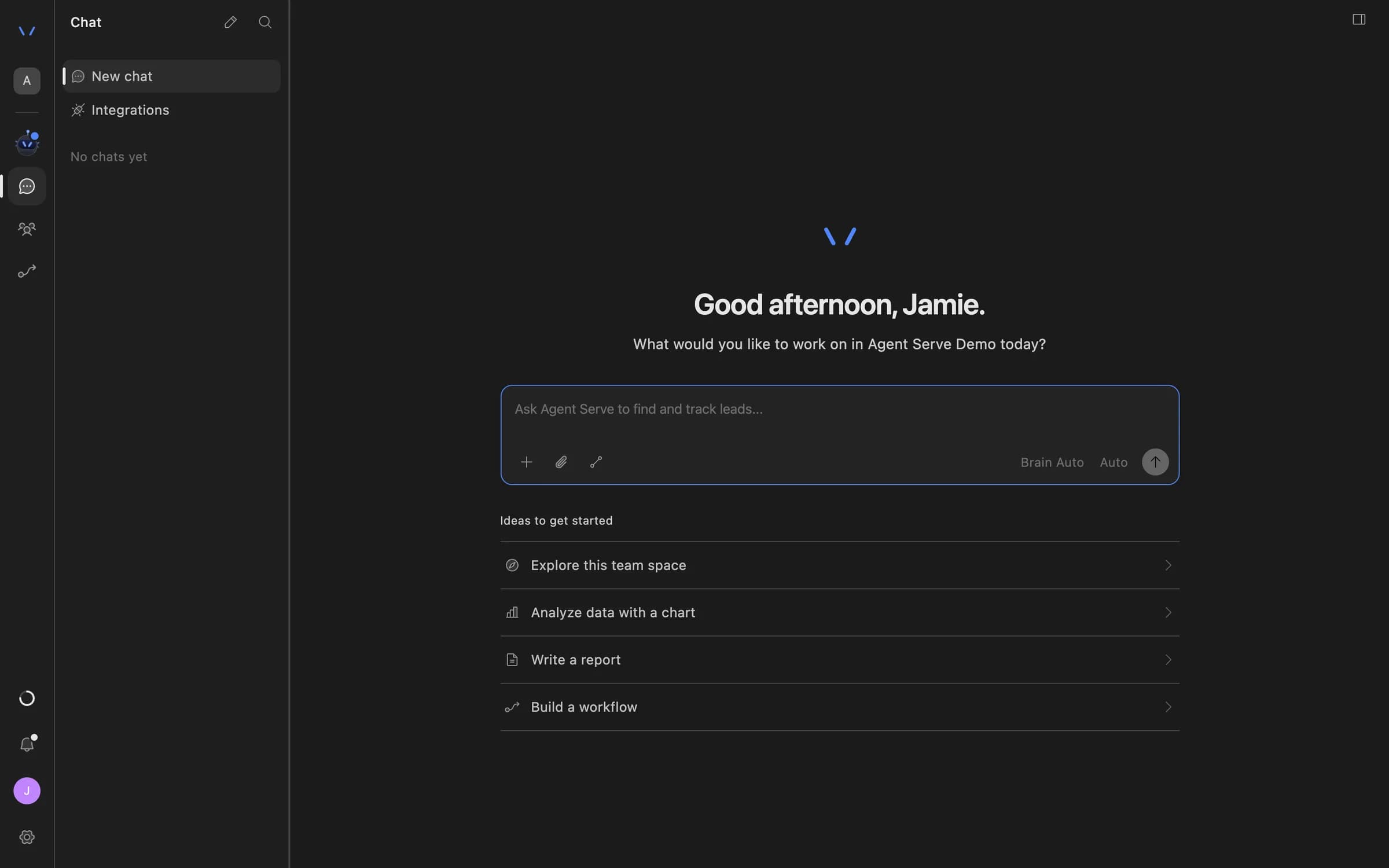 Agent Serve Chat home with a message composer and suggestions to explore the team space, analyze data with a chart, write a report, or build a workflow.