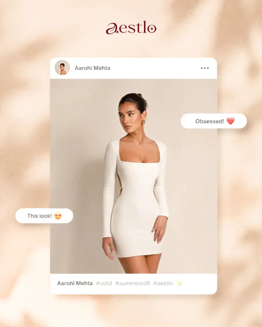 Aestlo social post: a model in a white square-neck dress framed as a social feed post with reactions