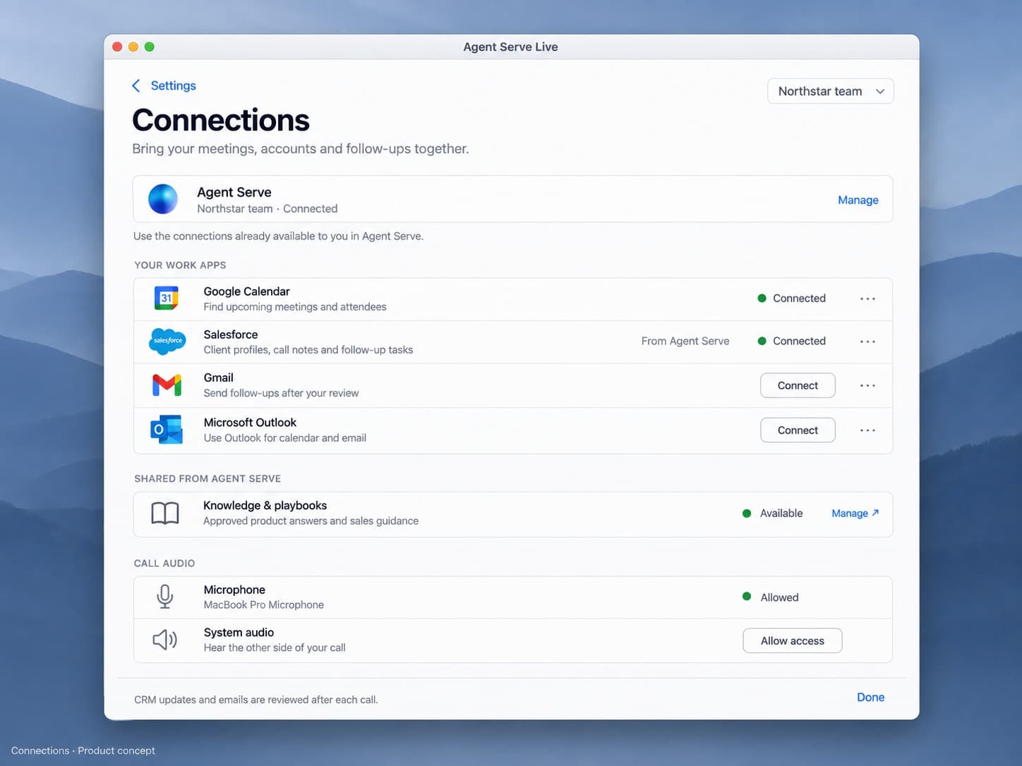 Agent Live connections: Google Calendar, Salesforce, Gmail and Outlook, plus knowledge and playbooks shared from Agent Serve.