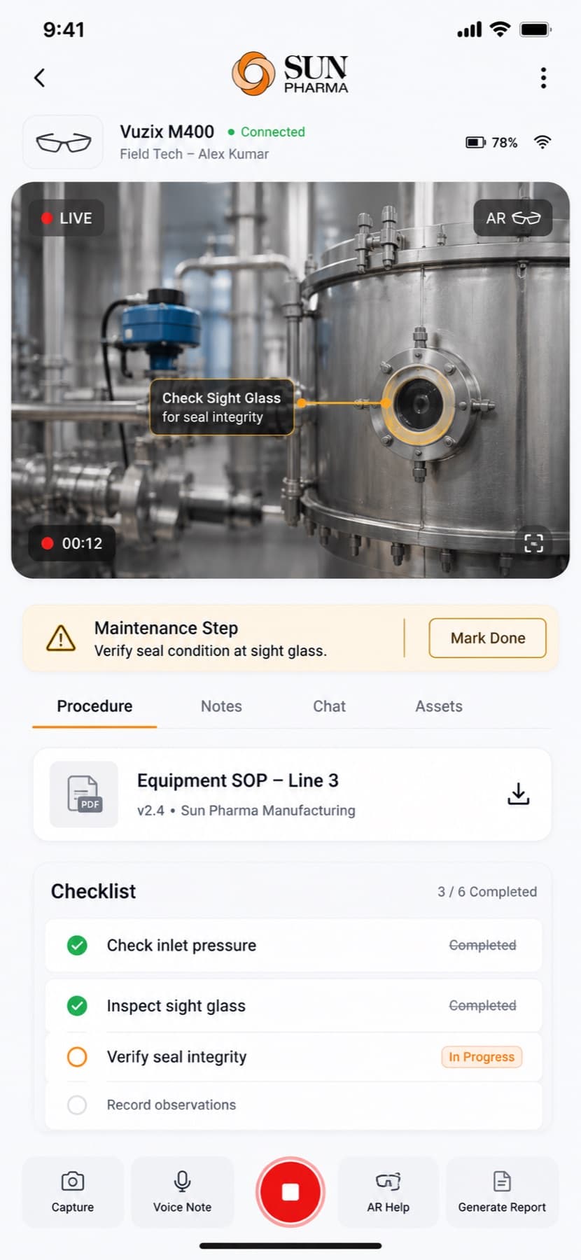 Sun Pharma field app connected to Vuzix M400 smart glasses, showing a live AR view of a sight glass and a maintenance checklist