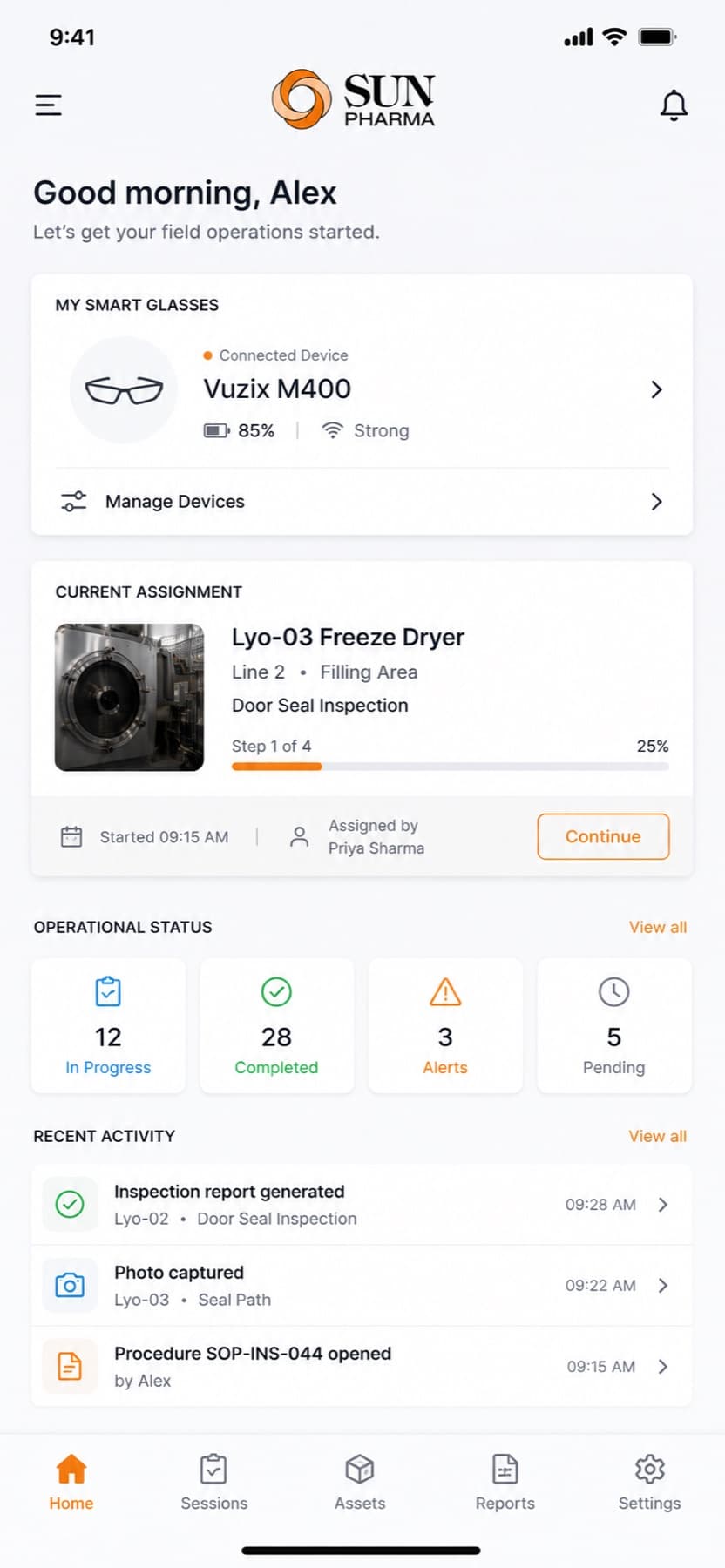 Field operations home screen with connected smart glasses