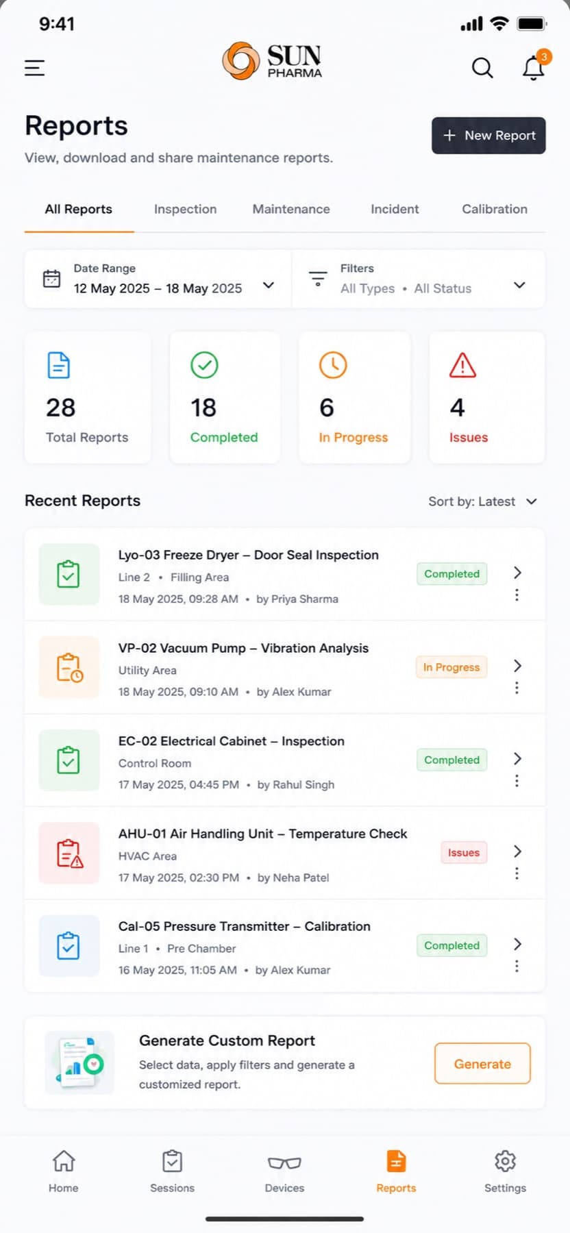 Reports library by type and date