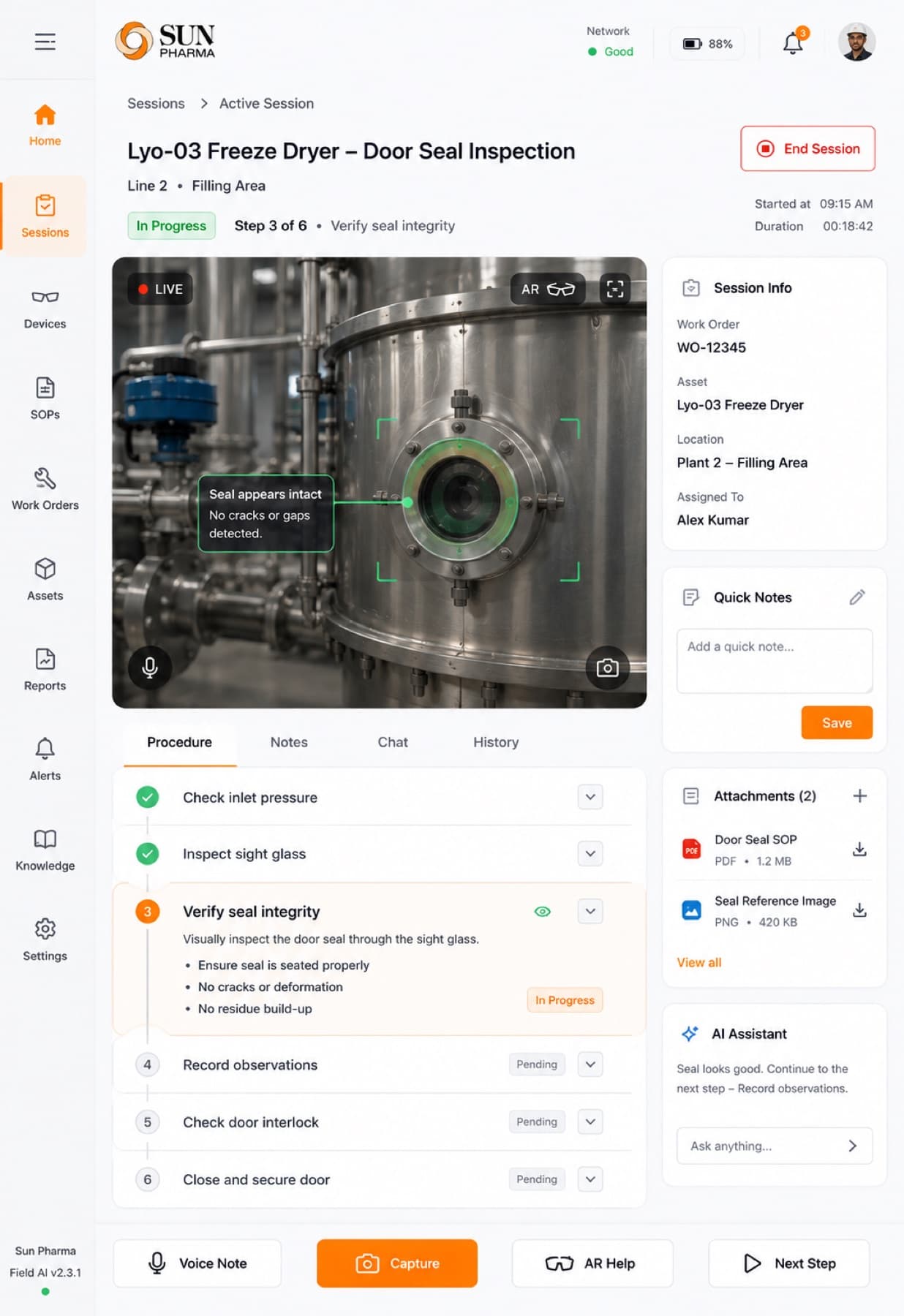 AR maintenance session dashboard for a freeze dryer door seal inspection