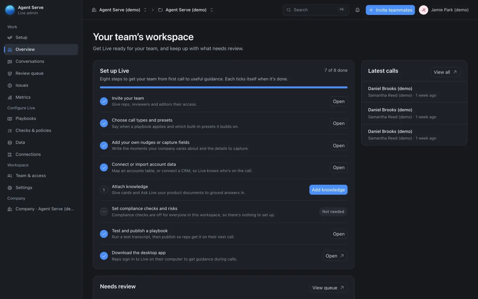 The Agent Live admin portal overview for a demo team: an eight-step setup checklist, from inviting the team to publishing a playbook, beside the latest calls.