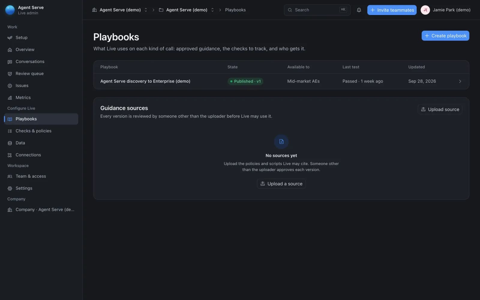 Agent Live admin portal Playbooks: a published, tested playbook with the team it is available to, and guidance sources that someone other than the uploader approves.