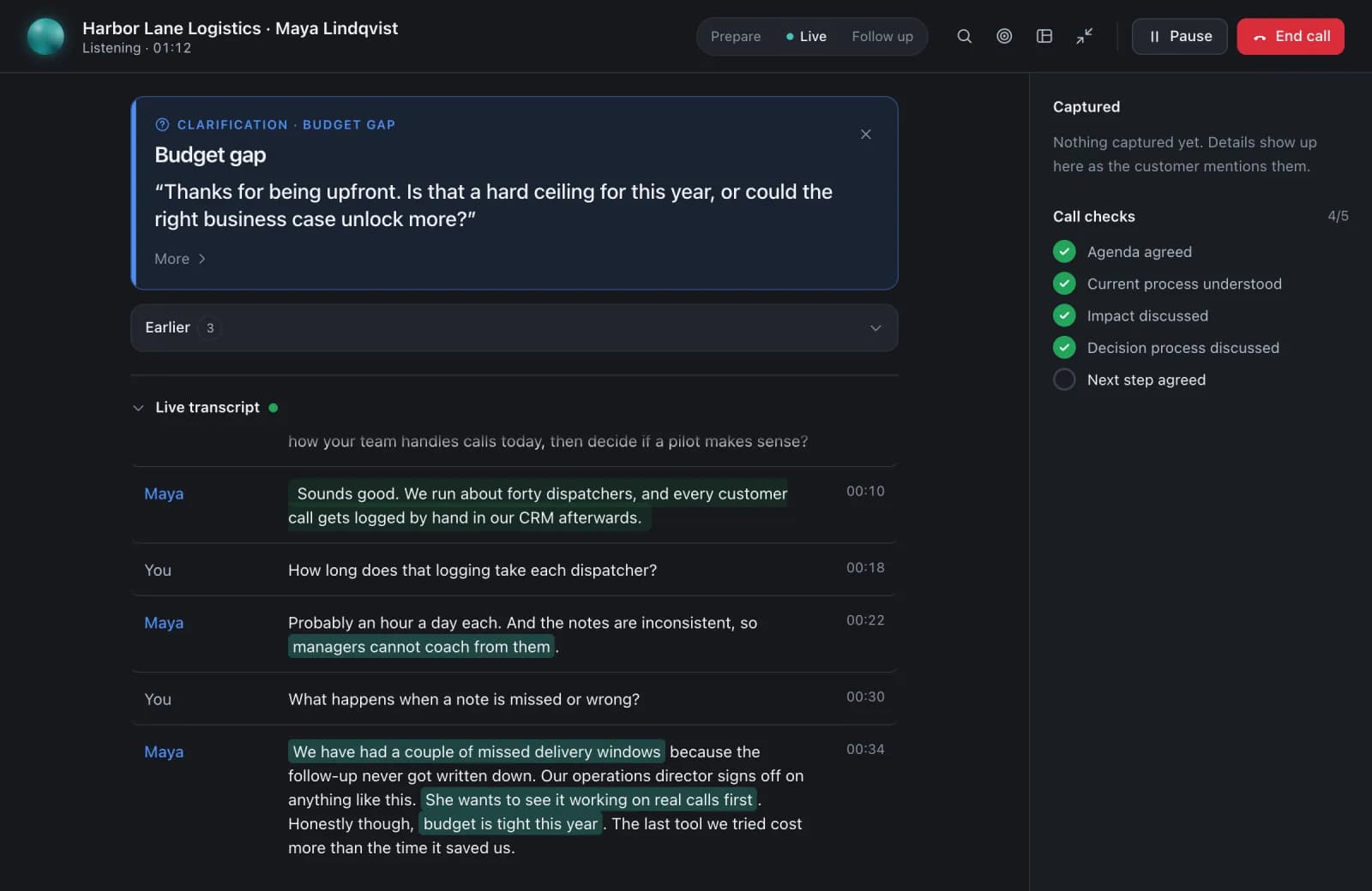 Agent Live during a demo discovery call: a clarification card on a budget gap suggesting what the rep could ask next, the live transcript with key customer phrases highlighted, and call checks ticking off (four of five) as the conversation covers them.